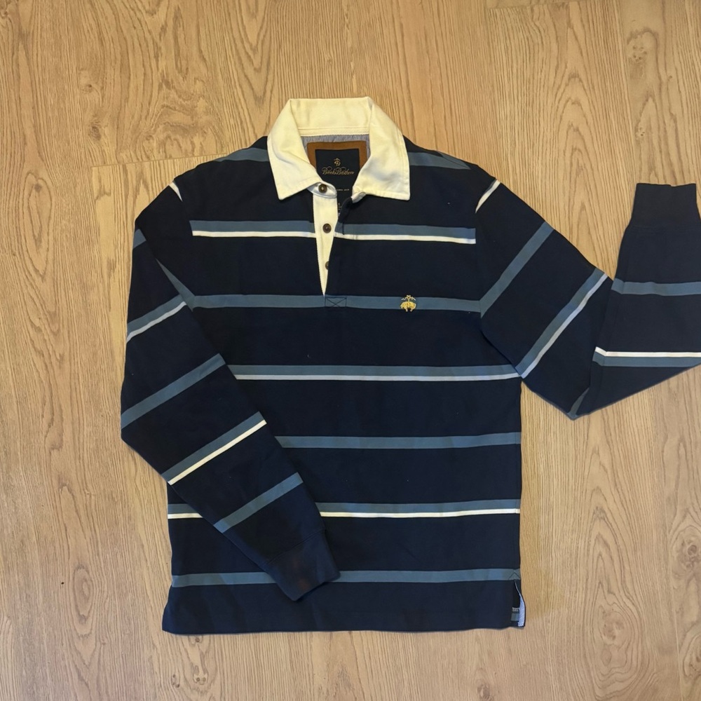 Brooks Brothers Dark Blue Polo with Cream and Light Blue Stripes